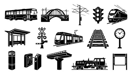 Fototapeta premium Public Transport Icons Set: Bus, Train, Tram, Bridge, Traffic Light, Station, Clock, Rails