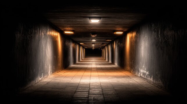 Illuminated passage extends into deep shadows creating a dramatic architectural perspective