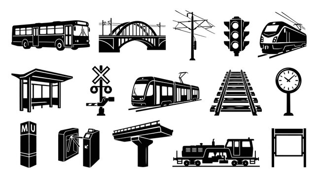 Public Transport Icons Set: Bus, Train, Tram, Bridge, Traffic Light, Station, Clock, Rails
