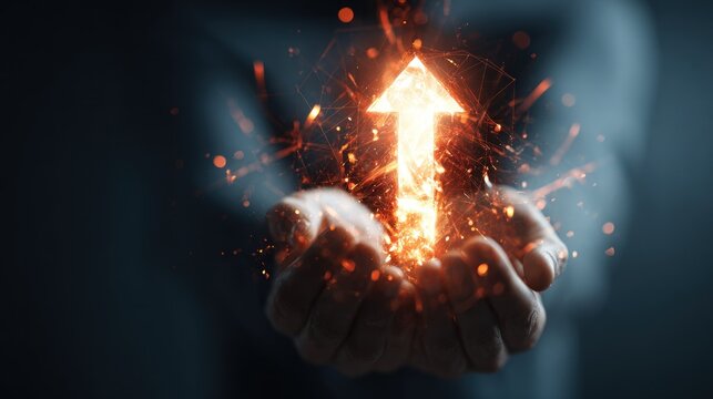 Illuminated upward pointing arrow emerges brightly from cupped human hands against a dark background