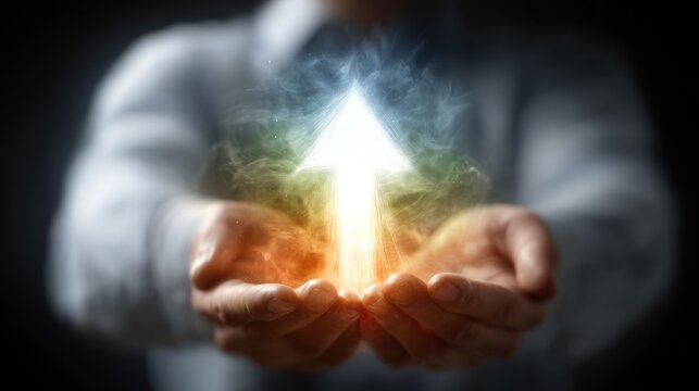 Glowing upward arrow symbol emerges from cupped hands demonstrating progress and success