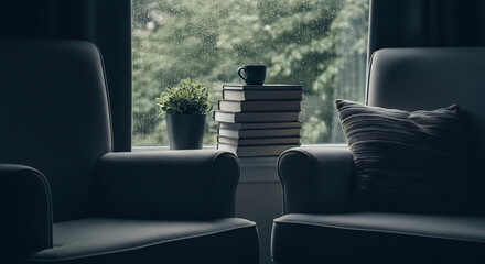 Obraz premium Cozy Reading Nook with View of Spring Rain and Blossoms