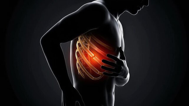 Chest Rib Pain Inflammation 3D Medical Animation Human Body Rib Cage Anatomy X-Ray Glowing Red Dark Background