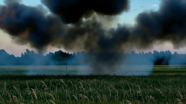 Massive blast detonation in rural meadow area during daytime while heavy fire plume turns into dense dark smoke cloud rising high above green agricultural farmland near forest background