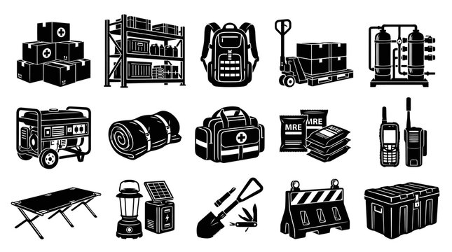 Emergency Preparedness and Survival Gear Icons Set in Black and White Glyph Style