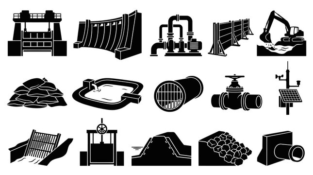 Water Management Infrastructure Glyph Icons for Flood Control and Hydrology Projects