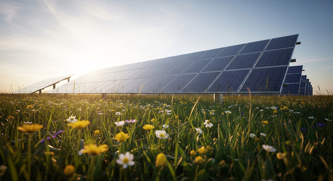 Solar panels in a blooming spring meadow agrivoltaics