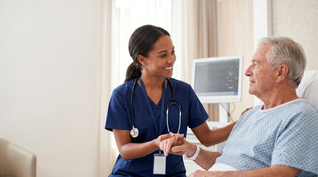 Compassionate nurse comforting elderly patient in hospital room, healthcare support, medical care service and senior wellness treatment with empathy and kindness.