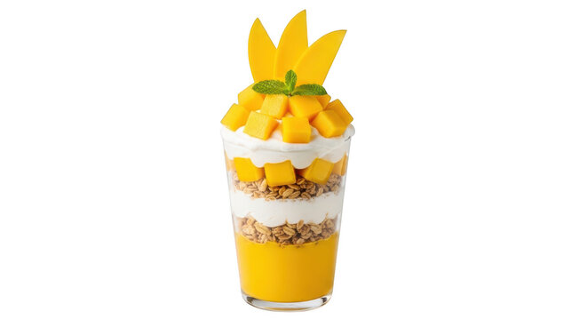 Fresh mango parfait with yogurt, granola, and mint isolated on transparent background