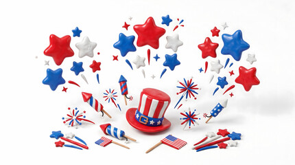 Obraz premium A dynamic 3D clay-style illustration featuring Uncle Sam's patriotic top hat surrounded by exploding firework rockets, balloons, stars, and American flags on a clean white background