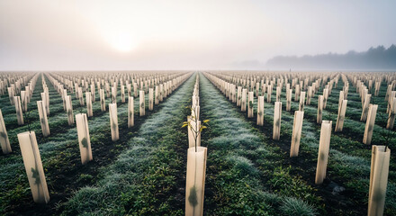 Obraz premium New reforestation site with saplings in spring forest
