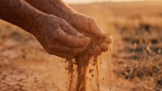 Farmer hands crumbling dry cracked soil into dust, drought and crop failure concept close up