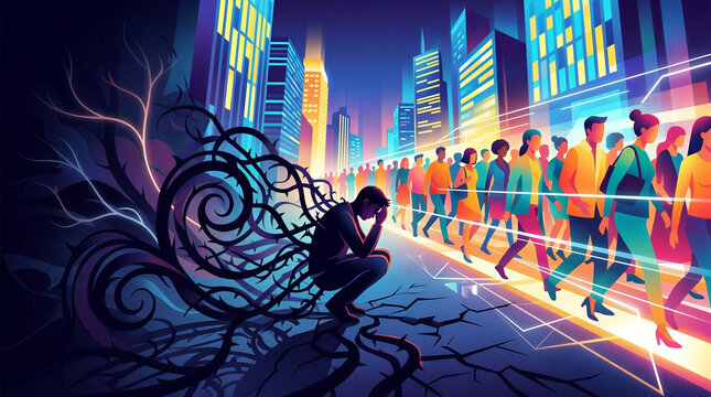 Urban Loneliness and Social Isolation in Crowded Modern City Nightlife Concept Illustration