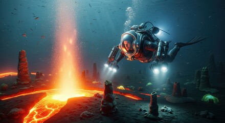 Naklejka premium Futuristic Deep Sea Diver Exploring Active Underwater Volcano with Glowing Molten Lava and Hydrothermal Vents