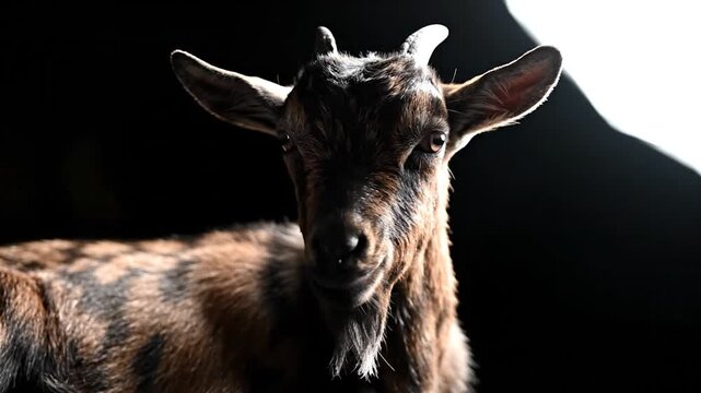 Portrait of a brown goat with horns in dramatic side lighting