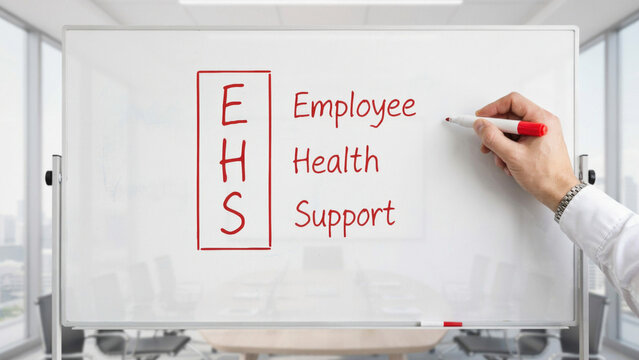 Professional hand writing the acronym ehs meaning employee health support in red marker on whiteboard