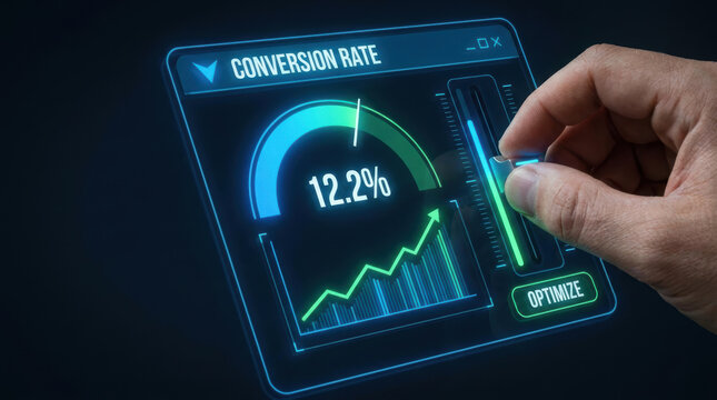 Conversion rate growth trends concept with hand adjusting digital control for e commerce success and optimization in business strategy