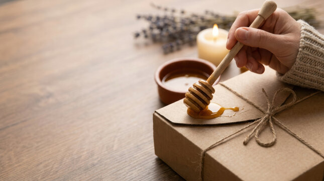 Honey dipper with honey on gift box tied with string near candle and lavender on wooden table showing e commerce growth trends