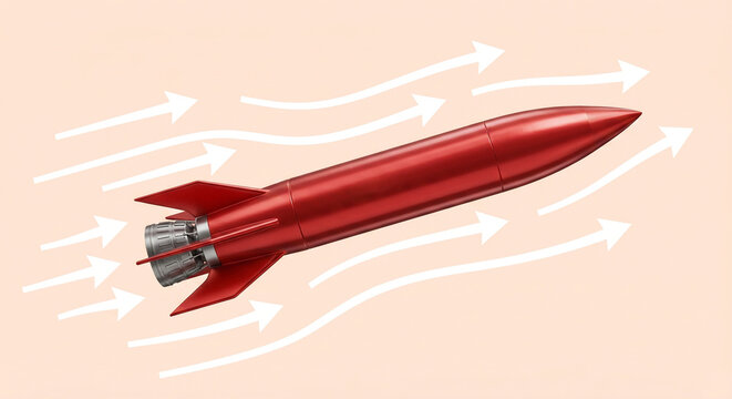 Red retro rocket flying fast with white speed arrows on beige background, representing rapid business startup launch.