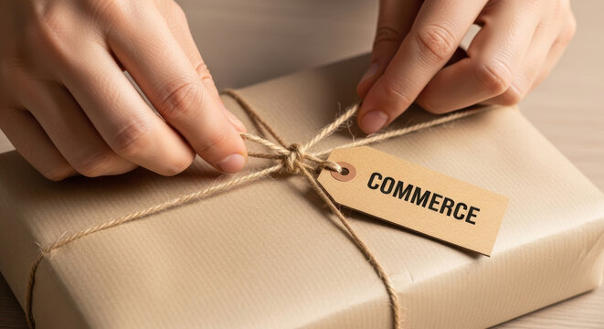 E commerce evolution drives logistics innovation as hands tie string on wrapped package with commerce tag showing progress in delivery service
