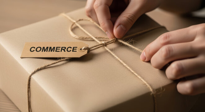 E commerce logistics evolution concept showing hands tying string on brown paper package for shipping and delivery