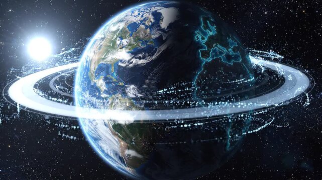 Earth with glowing blue continental outlines and white particle rings orbiting in space