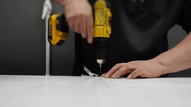 Furniture worker installing cabinet hinge with cordless drill during furniture assembly. Close up of precision woodworking and furniture manufacturing process.