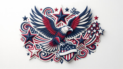 Fototapeta premium papercut artwork of a majestic American bald eagle with open wings, featuring a patriotic shield, ornamental swirls, and stars in a clean, symmetrical layout against a white background.