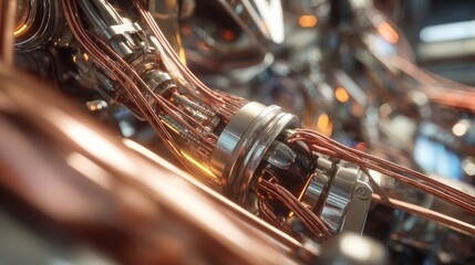 Fototapeta premium Detailed reveals complex internal wiring and metallic joint of an advanced machine