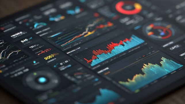 Digital interface displays complex data visualizations including charts and numerical metrics on a dark background