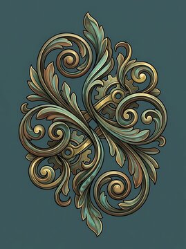 Steampunk baroque scrollwork with bronze gears and acanthus leaves