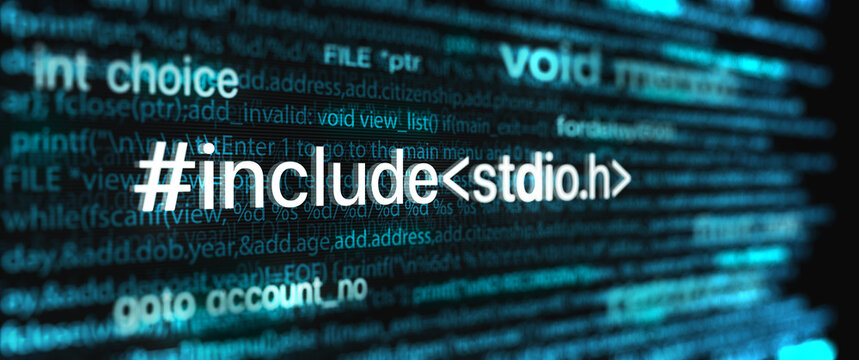 Closeup view of programming code snippet featuring include directive for standard input output header in C programming language