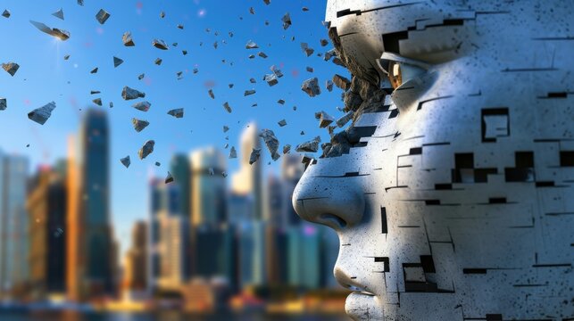 Fragmented Human Face Overlooking Urban Skyline Showing Artificial Intelligence Concept and Digital Transformation