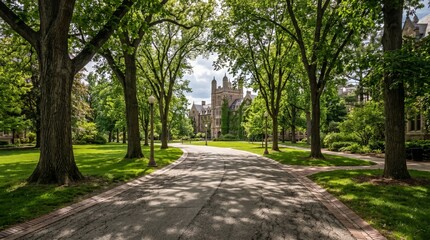 Fototapeta premium Grand tree-lined boulevard leading gracefully to a historic collegiate building, bathed in dappled sunlight, evoking a sense of enduring knowledge and serene beauty