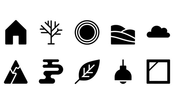 Collection of ten simple black silhouette icons representing nature and design elements .silhouette degin