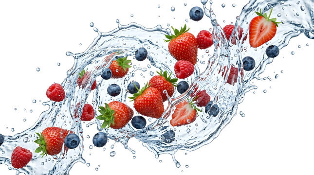 Fresh strawberries, blueberries, and raspberries splashing in clear water isolated on white background