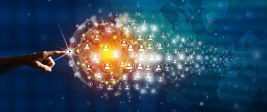 Digital interface showing global network connection with user icons and glowing interface elements