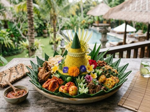 luxurious Indonesian royal tumpeng centerpiece, golden yellow rice cone with elegant garnish, premium traditional side dishes beautifully arranged in symmetrical composition, grilled chicken, beef ren