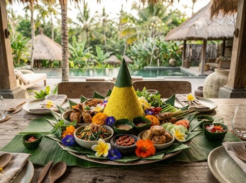 luxurious Indonesian royal tumpeng centerpiece, golden yellow rice cone with elegant garnish, premium traditional side dishes beautifully arranged in symmetrical composition, grilled chicken, beef ren