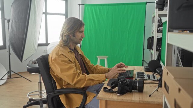 Man typing on keyboard with camera and microphone on desk in green screen studio, hands on keys and focused on monitor; concentration creativity.