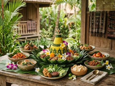 luxurious Indonesian royal tumpeng centerpiece, golden yellow rice cone with elegant garnish, premium traditional side dishes beautifully arranged in symmetrical composition, grilled chicken, beef ren