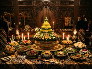 Obraz premium luxurious Javanese royal tumpeng inspired by ancient palace cuisine, elegant golden decorations, batik cloth table setting, traditional Indonesian side dishes arranged artistically, warm candle lighti