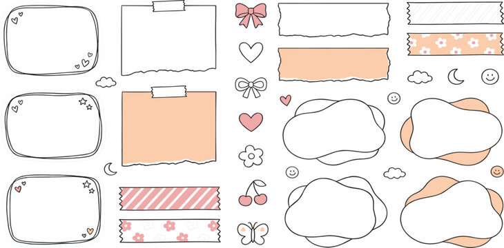 Cute Scrapbook Frame and Label Collection with Hand Drawn Borders Sticky Tape Notes Shapes and Kawaii Decorative Elements Set