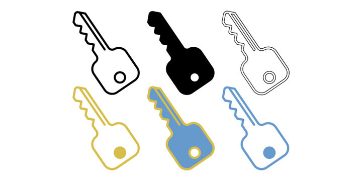 Three colorful keys in blue, yellow, and black on white background isolated on transparent background, Vector