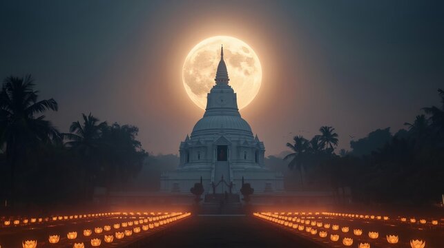 Esala Full Moon Poya Day Night View of White Temple Stupa Lit by Oil Lamps