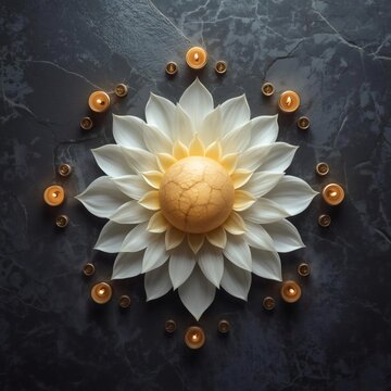 Esala Full Moon Poya Day 3D White Lotus Flower Surrounded by Glowing Oil Lamps