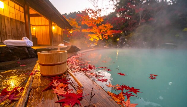 露天風呂・紅葉・秋・夕暮れ・もみじ・健康・美肌効果・美容・温活・旅館・リラクゼーション・癒し・日本の秋素材／Japanese rotenburo outdoor hot spring autumn maple leaves dusk, momiji floating water beauty skin care healthy wellness, fall season onsen relaxat