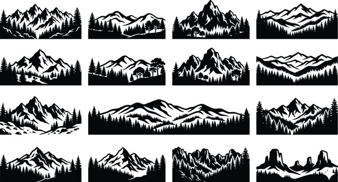 Mountain Landscape Silhouette Collection with Forest and Wilderness Nature Scenes