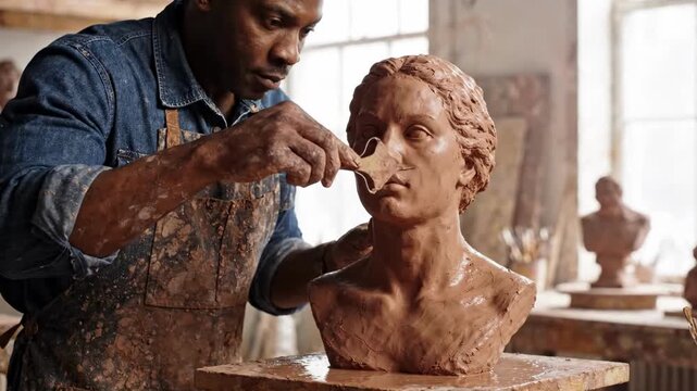 Sculptor carefully shaping clay bust in studio