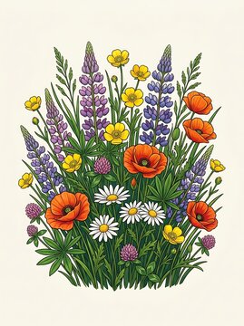 Vibrant bouquet of wildflowers with poppies and daisies